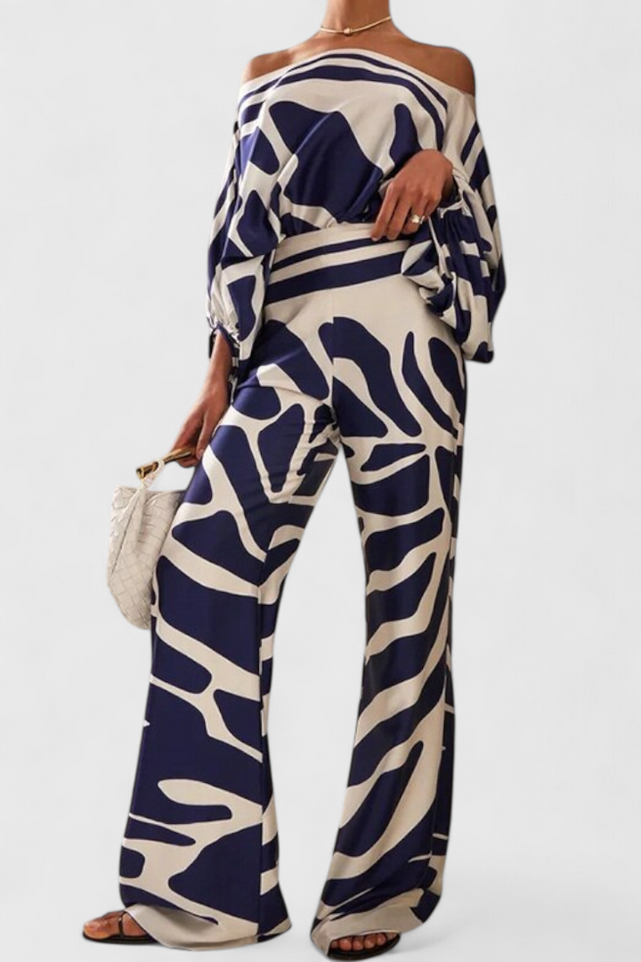 Sybella Conjunto de Dos Piezas con Hombros Descubiertos y Pantalones Amplios Estampados