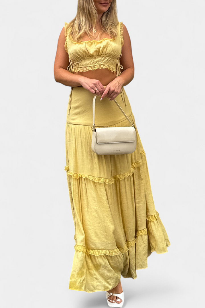 Ilys Conjunto Romántico de Top con Encaje y Falda Larga Voluminosa