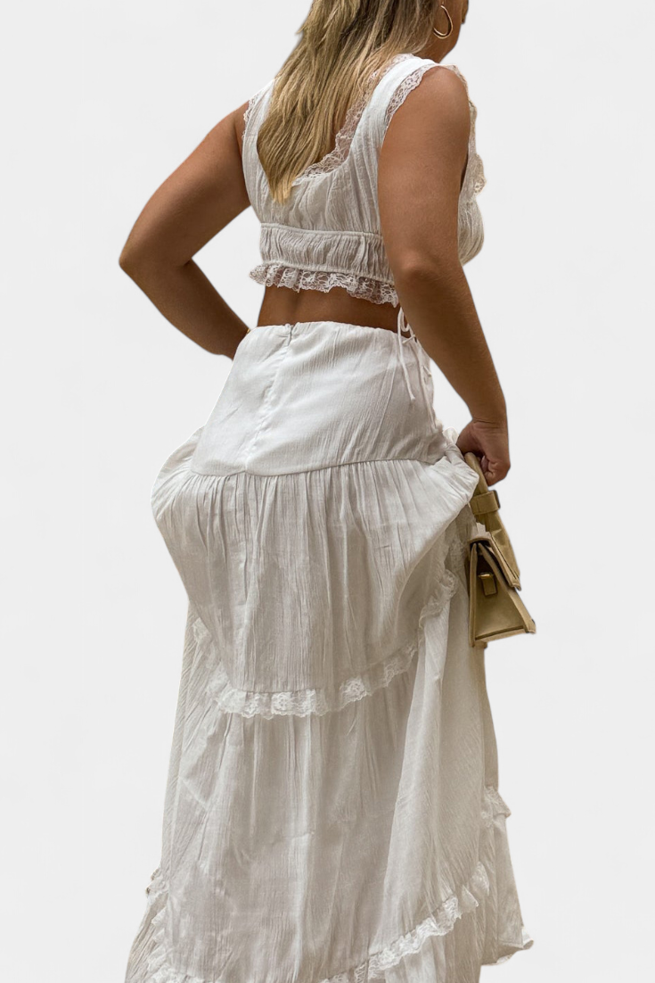 Ilys Conjunto Romántico de Top con Encaje y Falda Larga Voluminosa