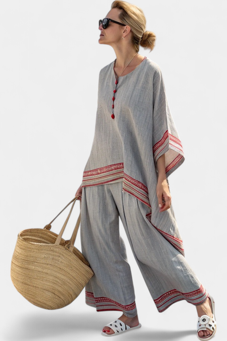 Rossella – blusa asimétrica sofisticada y pantalones étnicos de pierna ancha