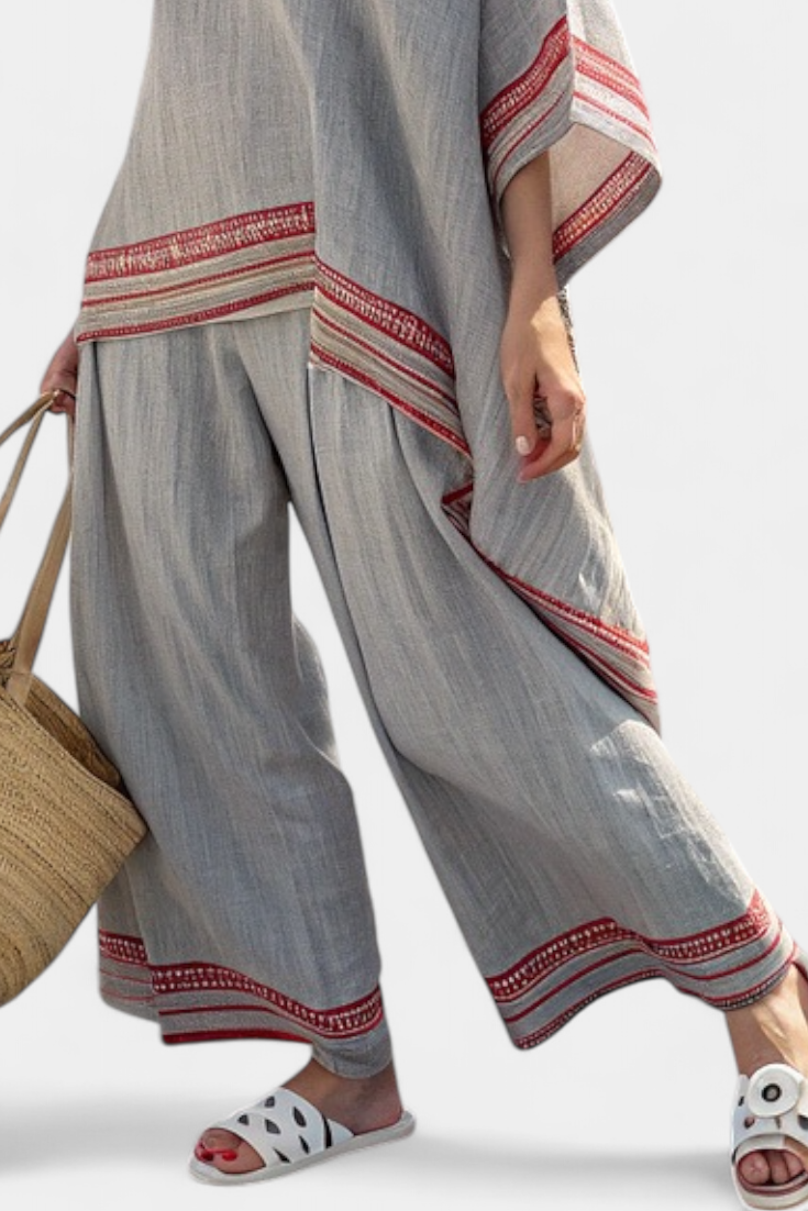 Rossella – blusa asimétrica sofisticada y pantalones étnicos de pierna ancha
