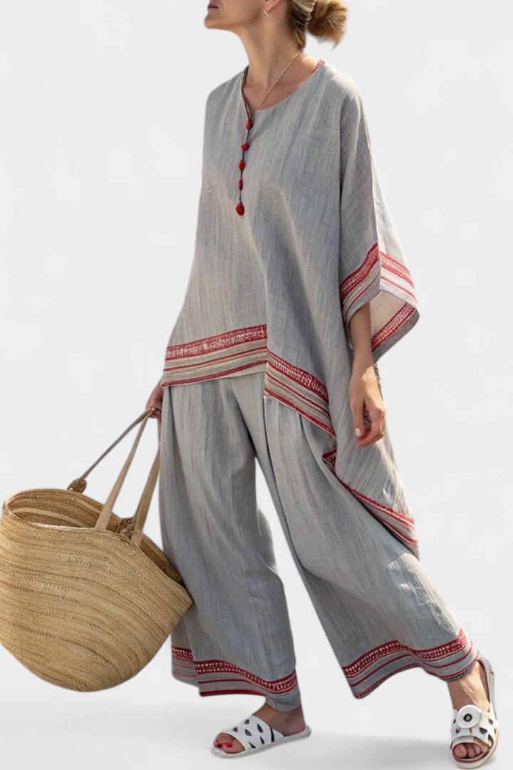 Rossella – blusa asimétrica sofisticada y pantalones étnicos de pierna ancha