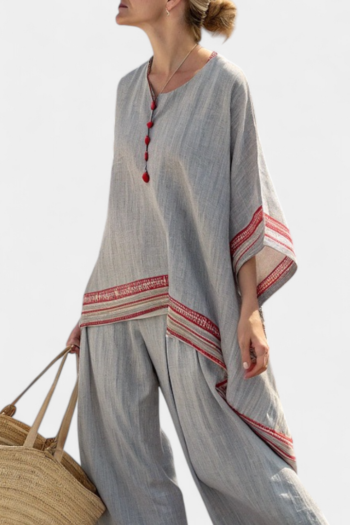 Rossella – blusa asimétrica sofisticada y pantalones étnicos de pierna ancha