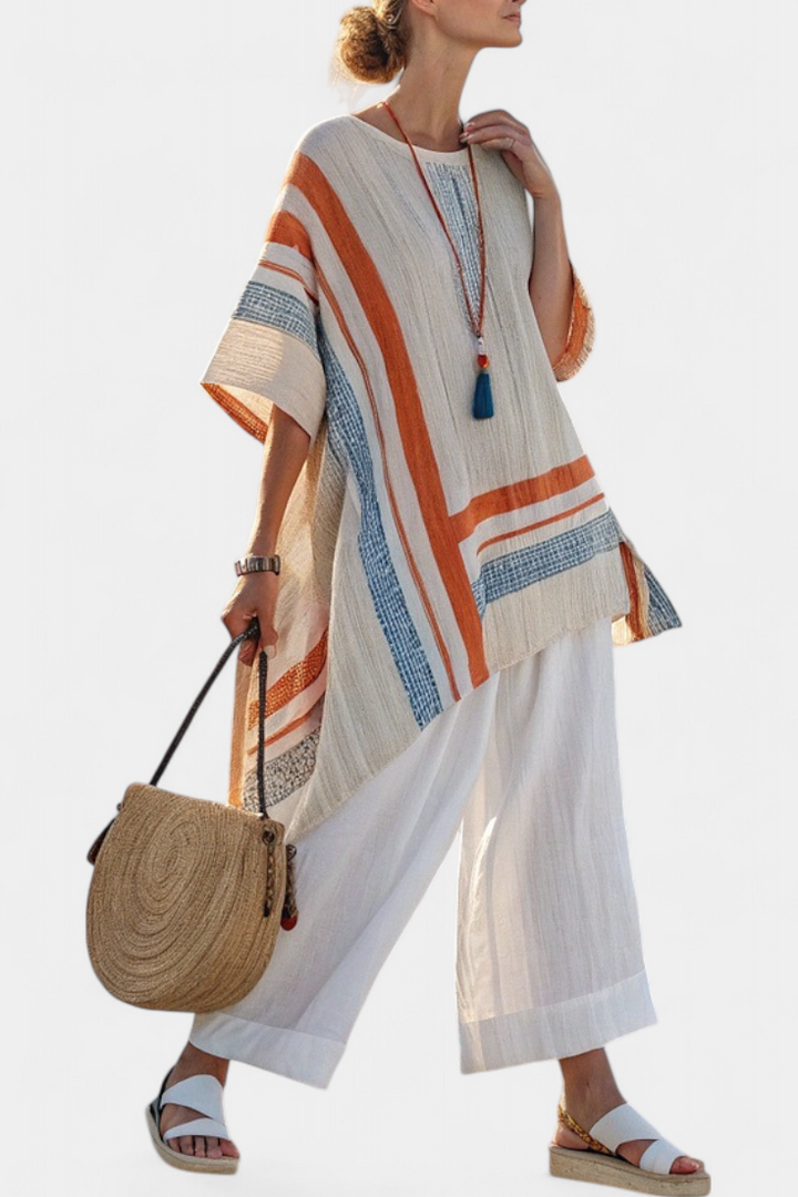 Loredana – blusa asimétrica sofisticada y pantalones de lino de pierna ancha