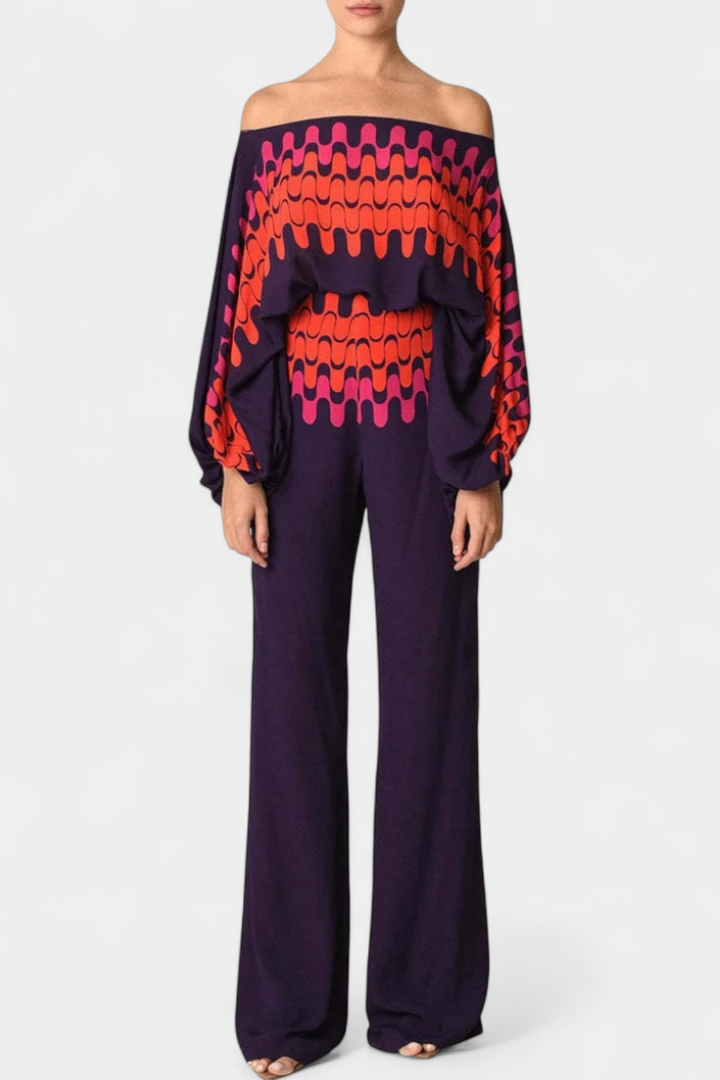 Sybella Conjunto de Dos Piezas con Hombros Descubiertos y Pantalones Amplios Estampados