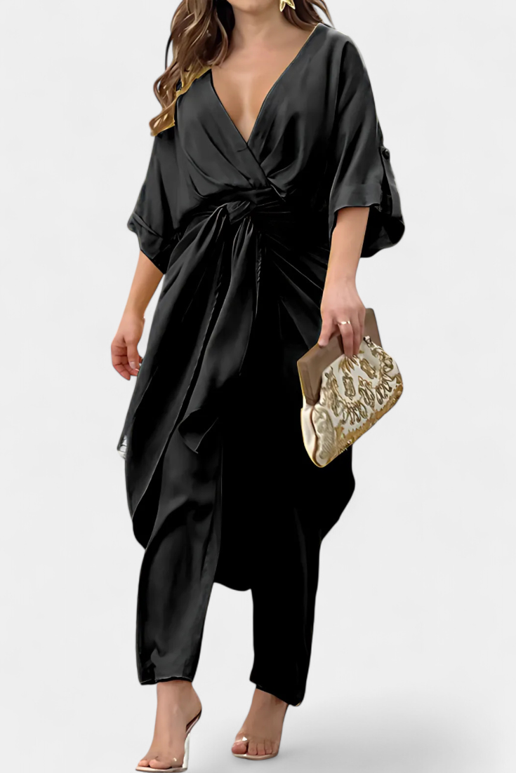 Mayleen Conjunto Cruzado con Lazo Frontal y Pantalón Recto