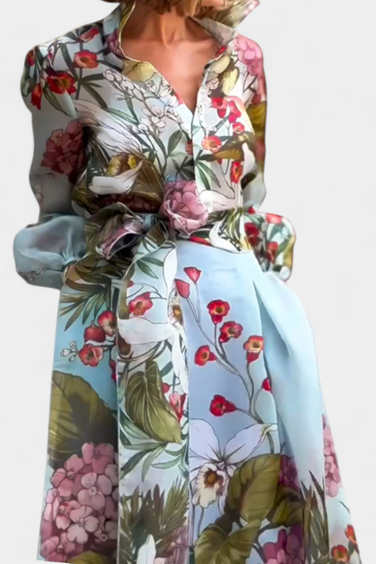 Sanne Conjunto Elegante Estampado de Camisa y Pantalón Fluido