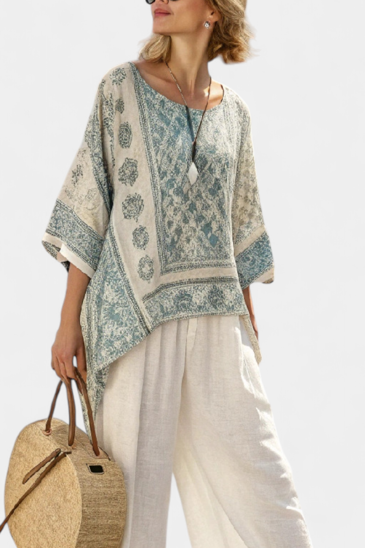 Annalisa – blusa estampada cómoda y pantalones blancos de pierna ancha