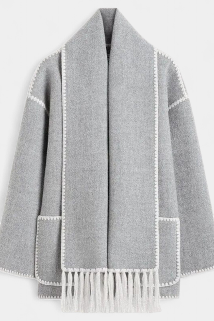 Pauline | Abrigo de Corte Suelto con Bufanda de Flecos Incorporada