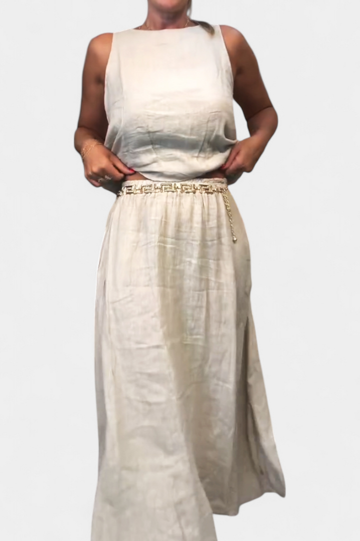 Meliora Conjunto en Lino y Algodón con Chaleco Sin Mangas y Falda