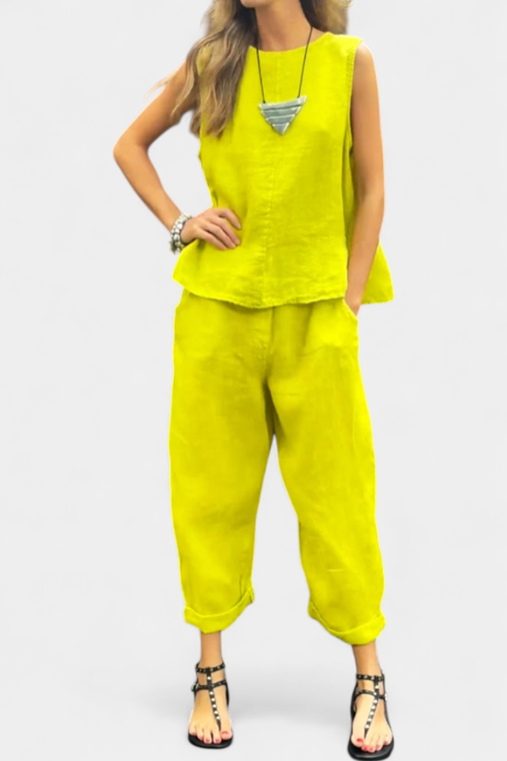 Leona Conjunto de Chaleco y Pantalón Sin Mangas en Algodón Lino