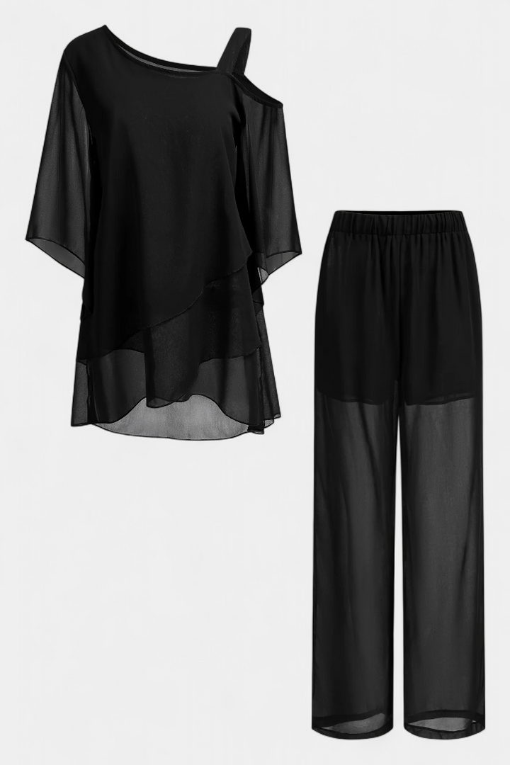 Kitty Conjunto de Dos Piezas con Hombros Descubiertos y Silueta Fluida