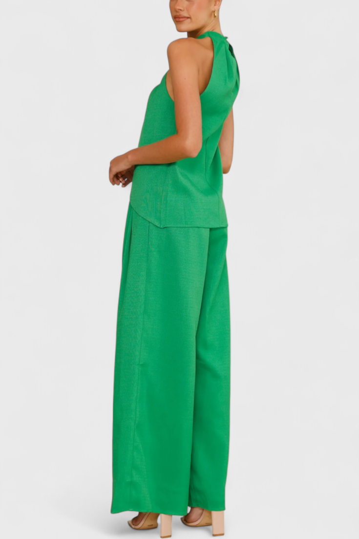 Bernadina Conjunto de Lino con Top de Abertura Frontal y Pantalón de Pierna Ancha