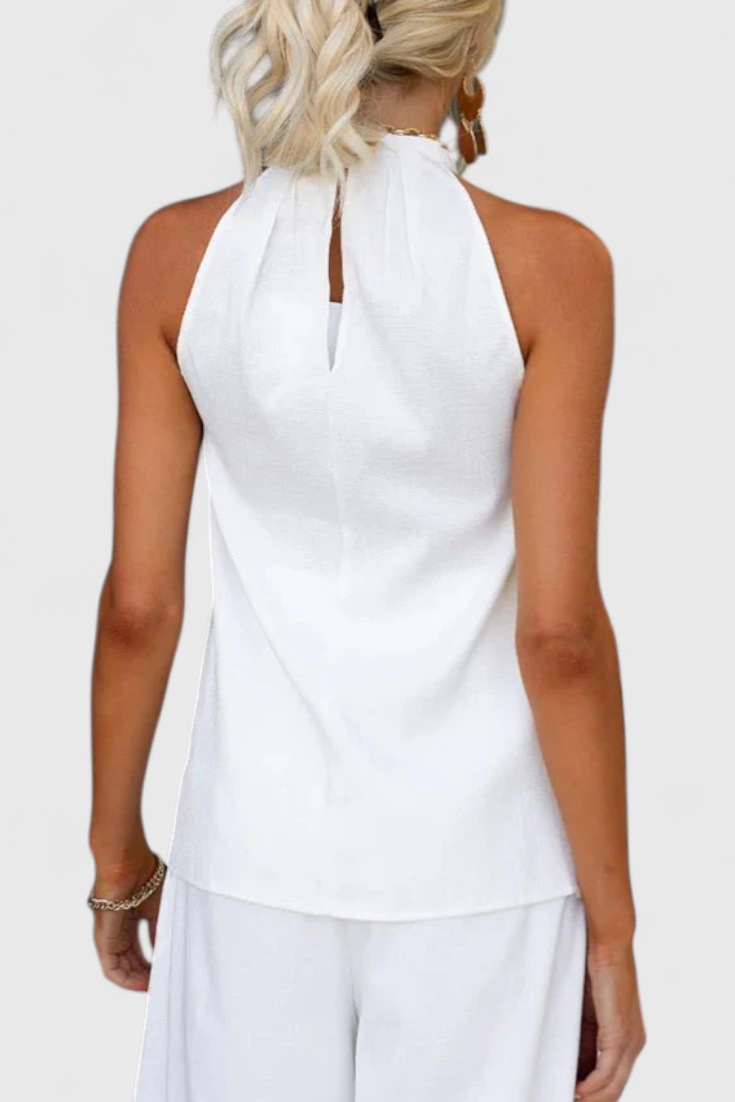 Bernadina Conjunto de Lino con Top de Abertura Frontal y Pantalón de Pierna Ancha